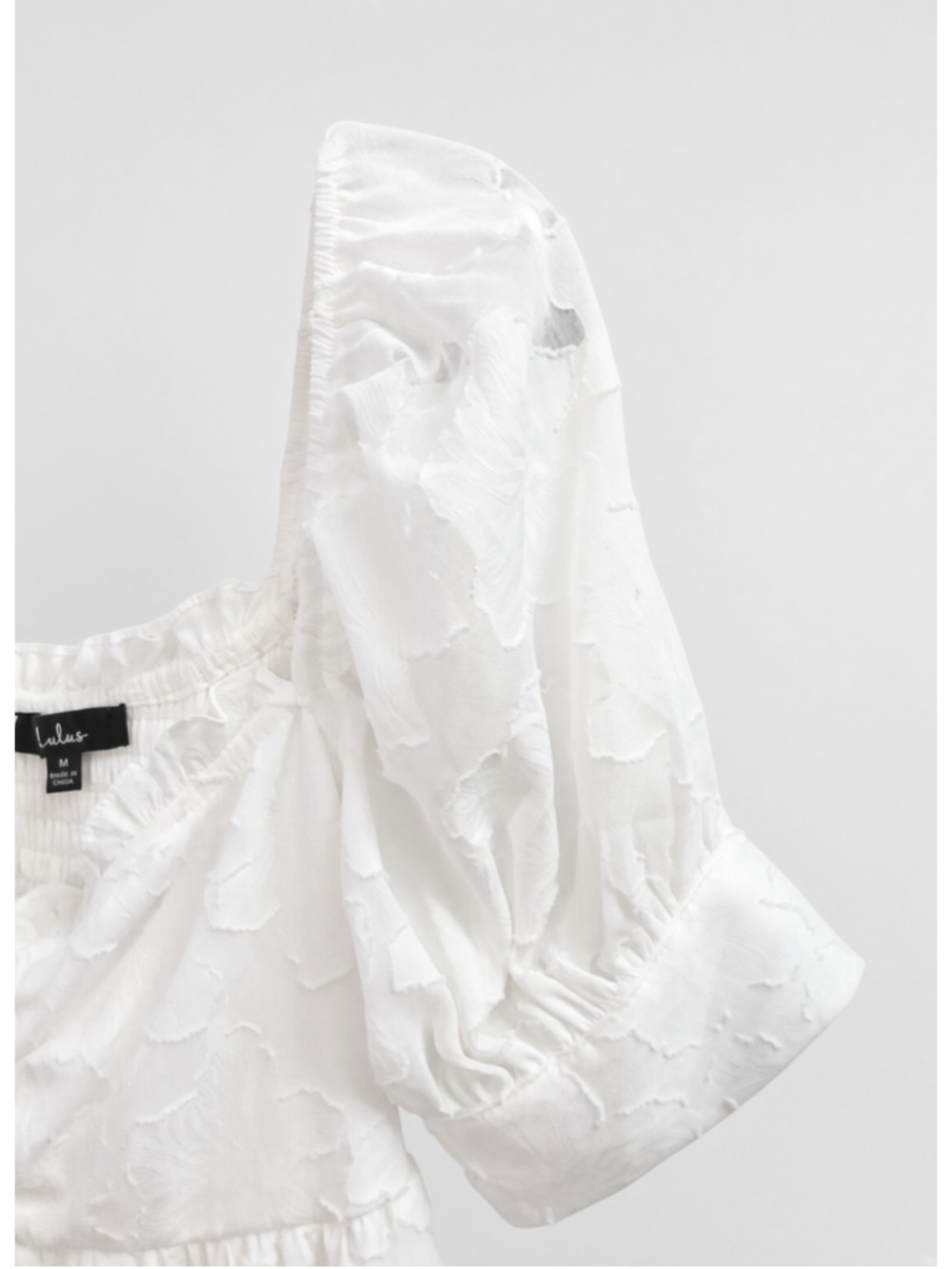 Lulus White Jacquard Puff Sleeve Ruched Babydoll Mini Dress Square Neck M - Picture 6 of 16